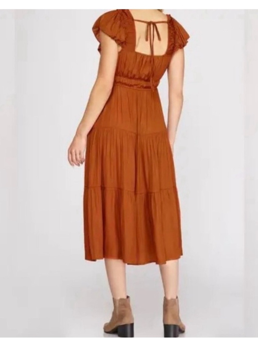 Tahari Rust Tiered Midi Dress with Back Tie